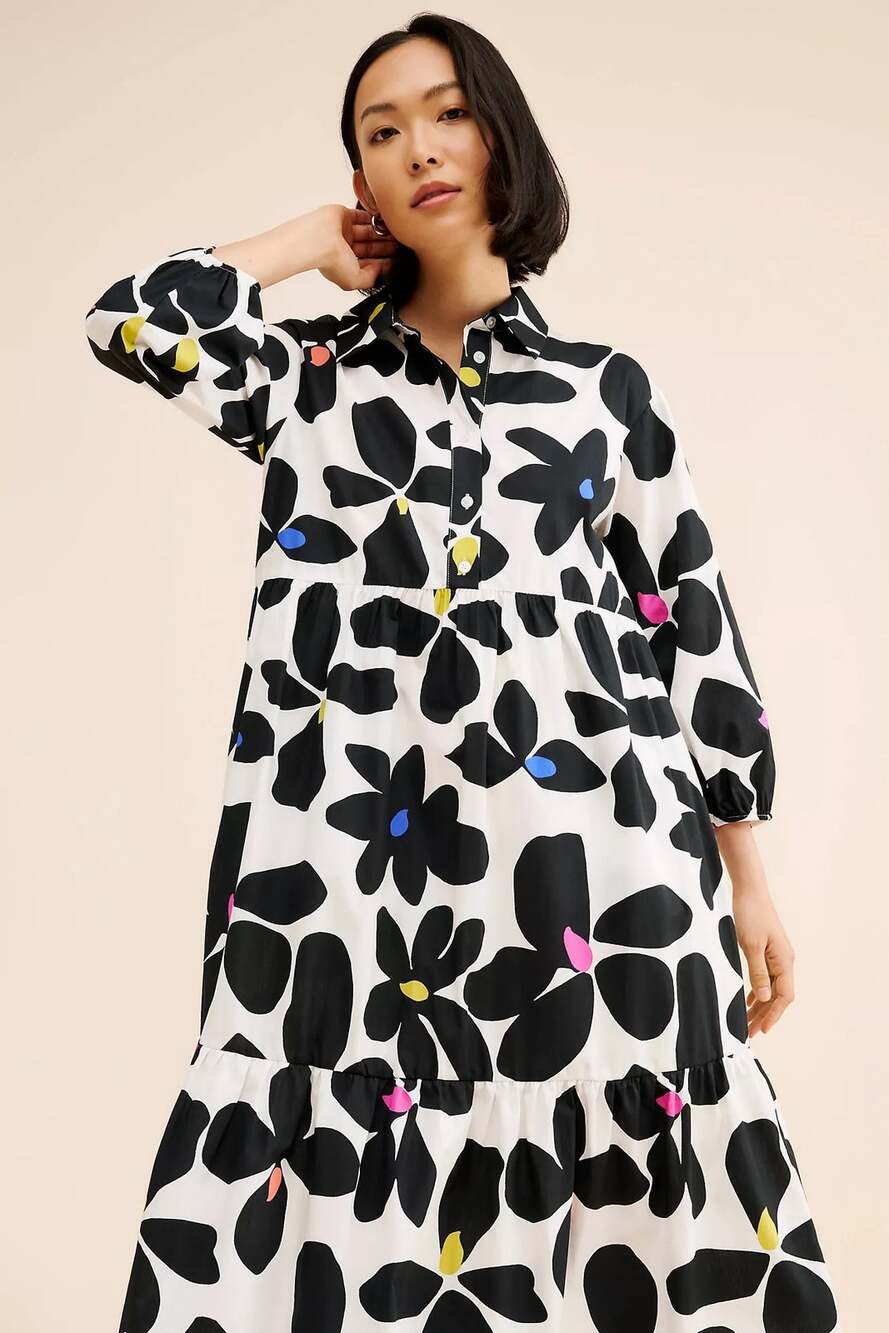 ANTHROPOLOGIE MAEVE sz L The Bettina shirt dress in black white floral EUC
